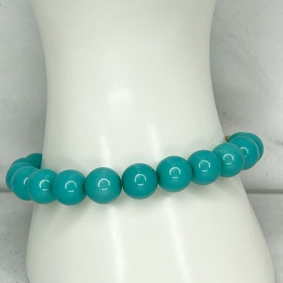 Faux Turquoise Bubble Beaded Gold Tone Chain Stretch Bracelet - Picture 3 of 6